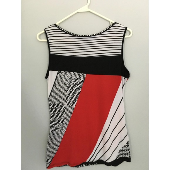 Frank Lyman Shirt Womens 6 Black‎ White Red Geometric Sleeveless Belted Tunic - Picture 2 of 13
